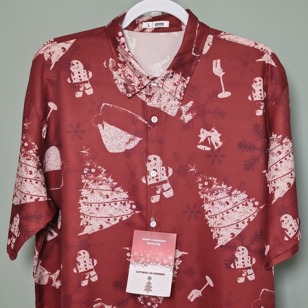 Men's Christmas Hawaiian Collared Short Sleeve Shirt Regular Large-Dark Red